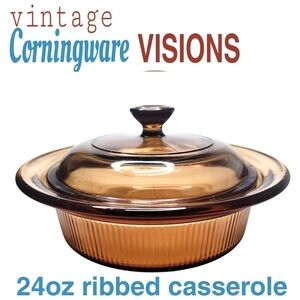 Vintage Corningware Visions Amber 24oz Ribbed Casserole Dish W/ Lid
